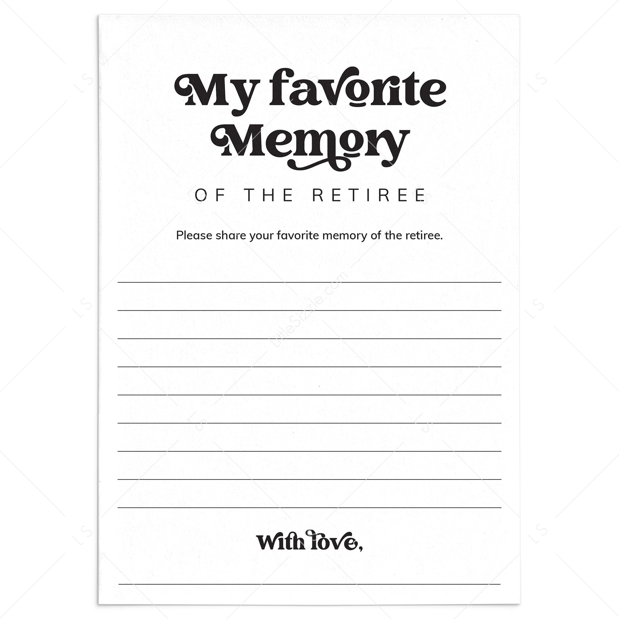 Printable My Favorite Memory Card for Retirement Party by LittleSizzle