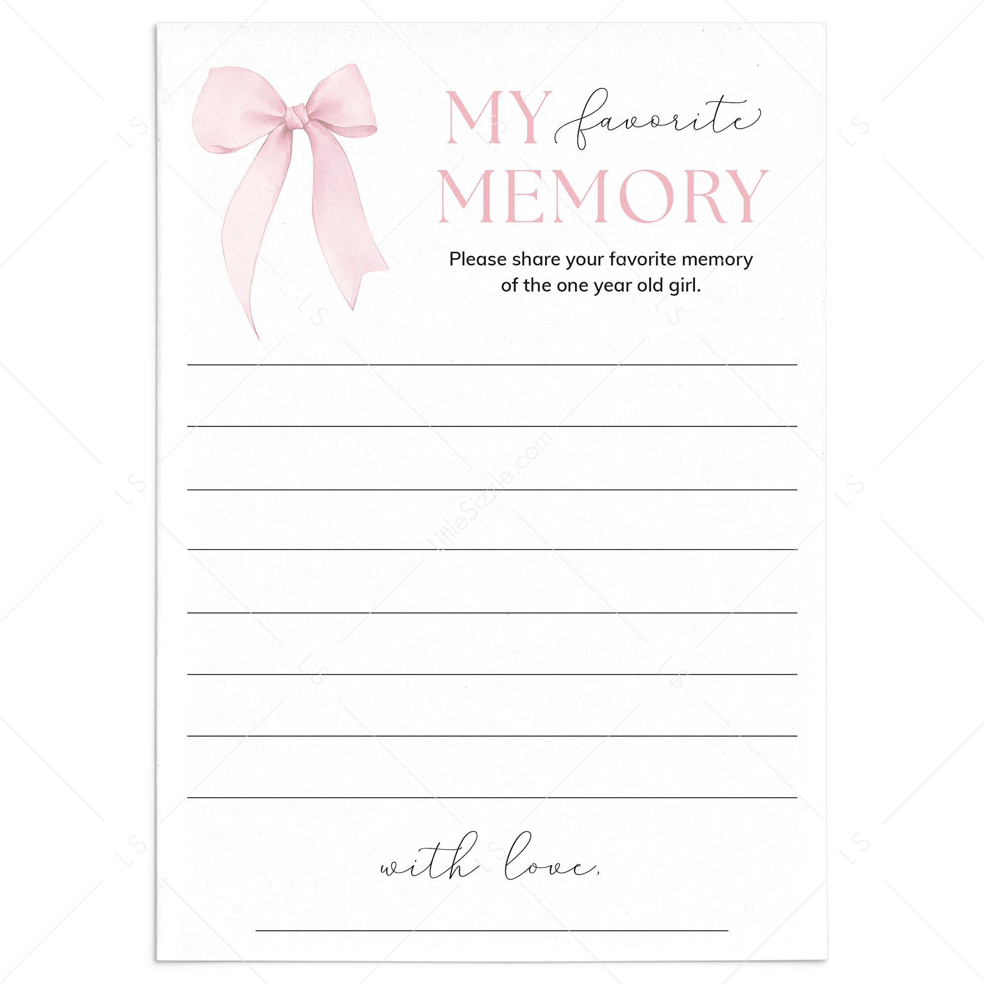 First Birthday Memory Cards Printable | Pink Bow Themed 1st Birthday Party by LittleSizzle