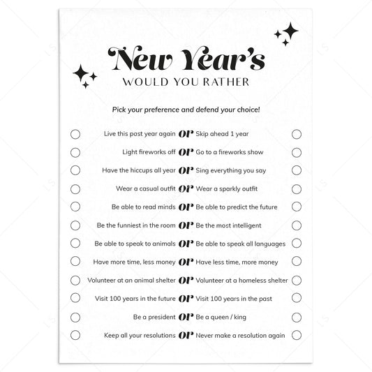 New Year's Eve Would You Rather Questions Printable by LittleSizzle