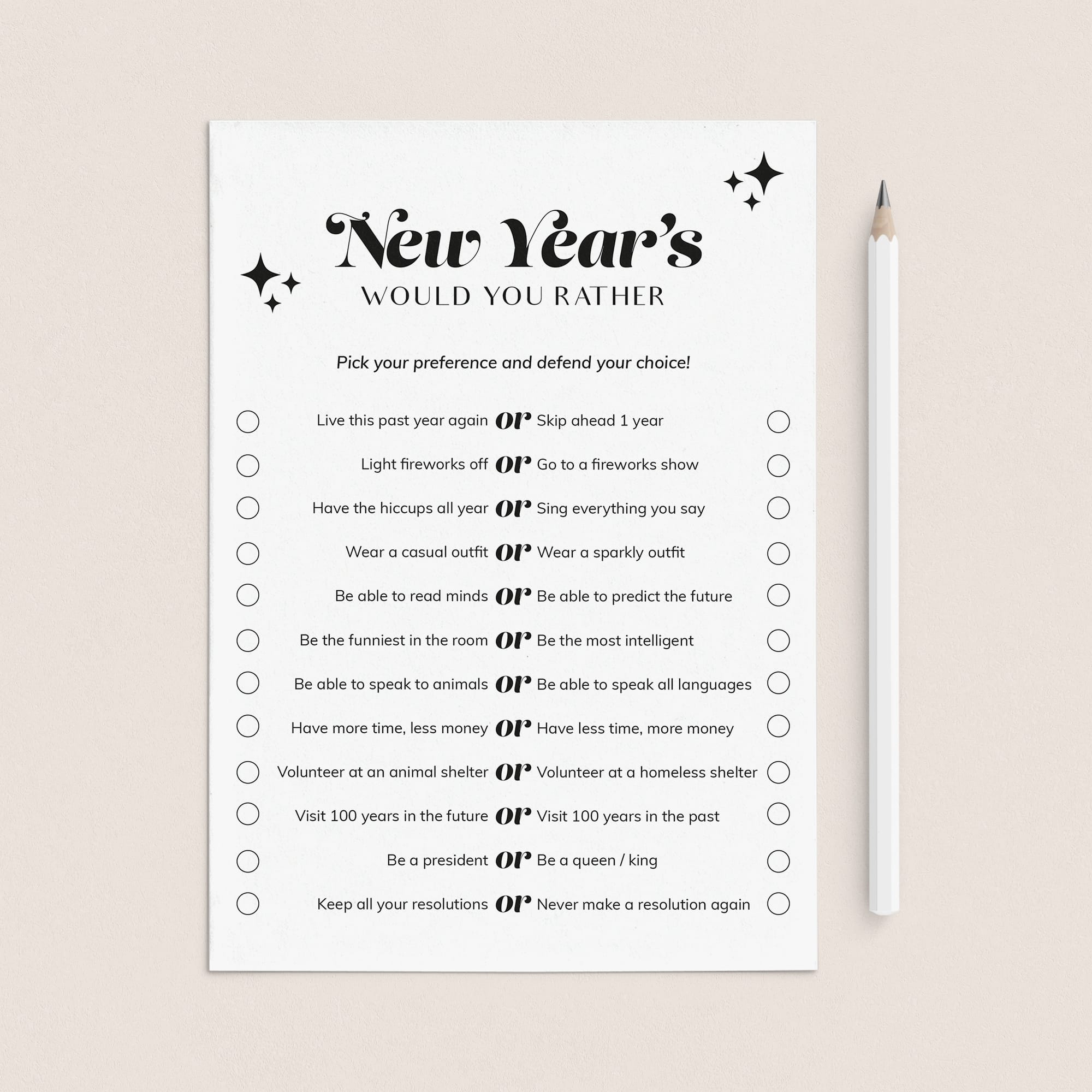 New Year's Eve Would You Rather Questions Printable by LittleSizzle