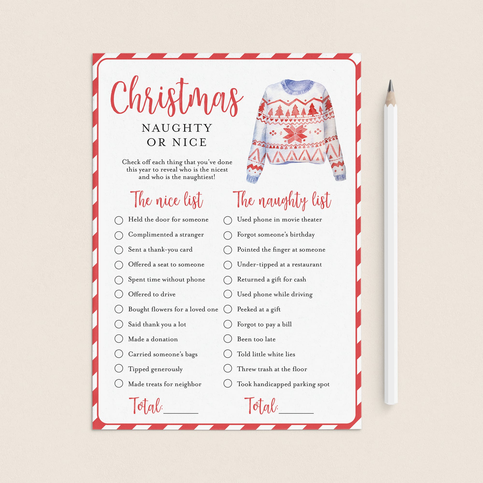 Funny Ugly Sweater Party Game Naughty or Nice Printable by LittleSizzle