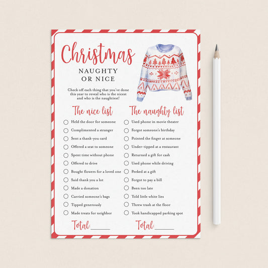 Funny Ugly Sweater Party Game Naughty or Nice Printable by LittleSizzle