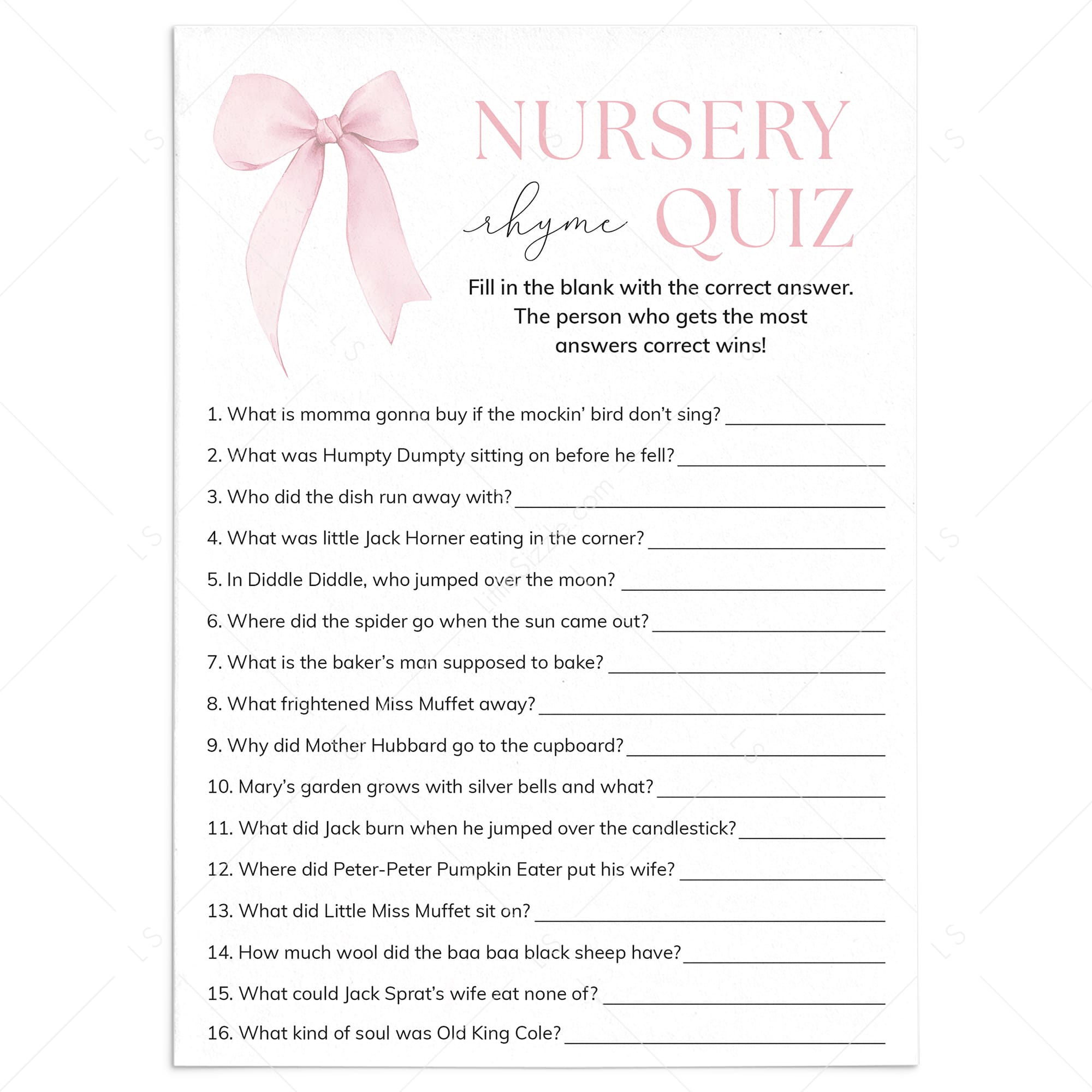 Girl Baby Shower Nursery Rhyme Quiz Answers Included by LittleSizzle