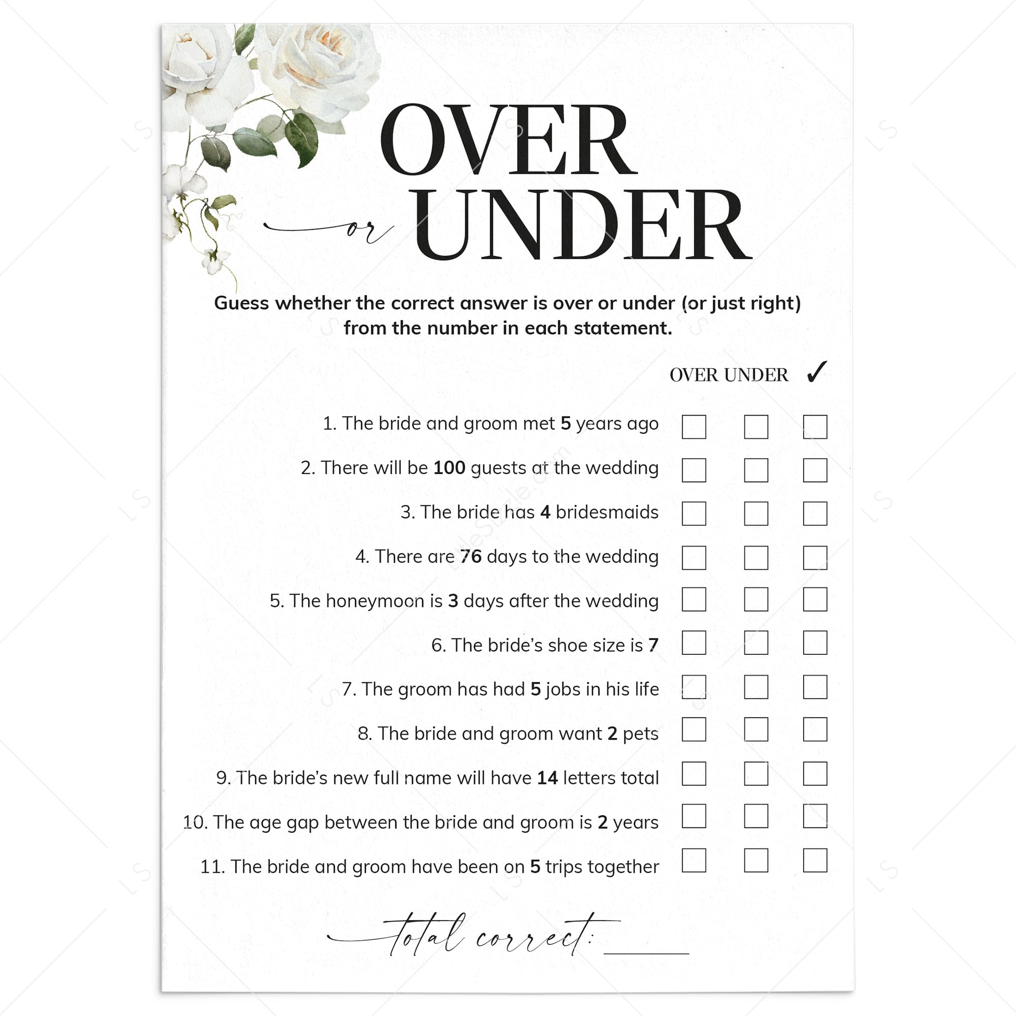 Over or Under Wedding Shower Game Printable by LittleSizzle