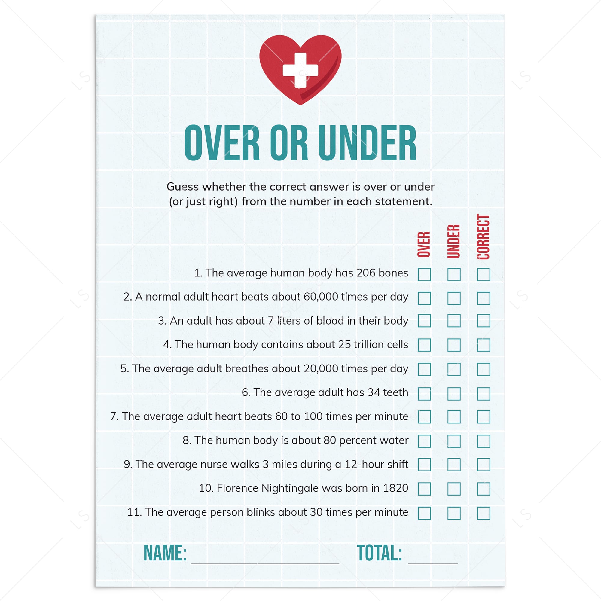 Nurse Game Over or Under with Answers Printable by LittleSizzle