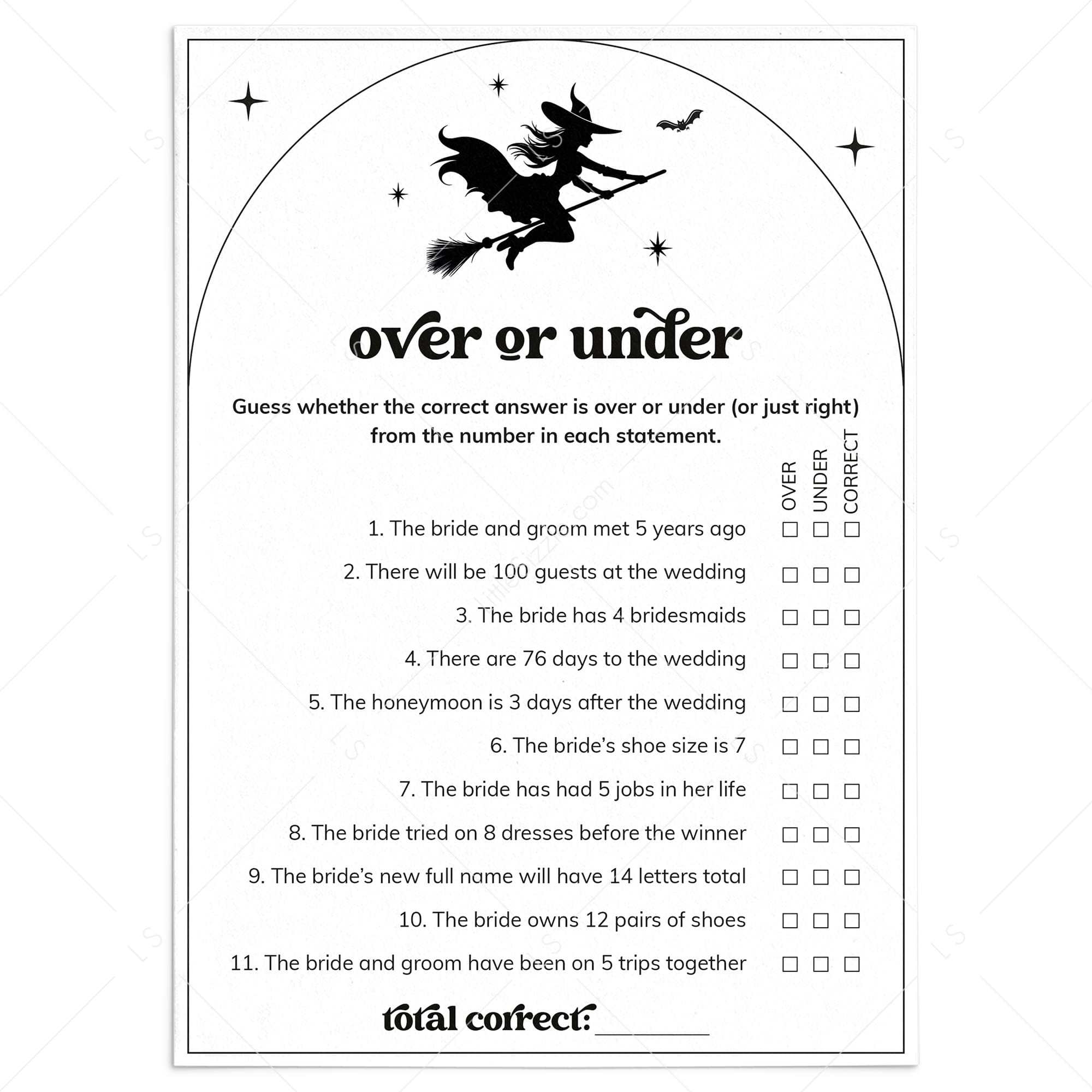 Salem Witchy Bride Bridal Shower Game Over or Under Digital Download by LittleSizzle