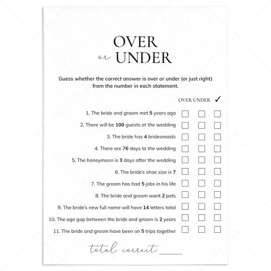 Printable Engagement Party Game Over or Under by LittleSizzle