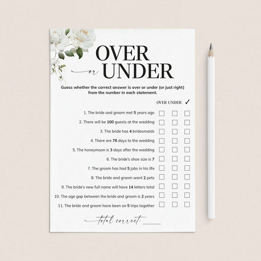 Over or Under Wedding Shower Game Printable by LittleSizzle