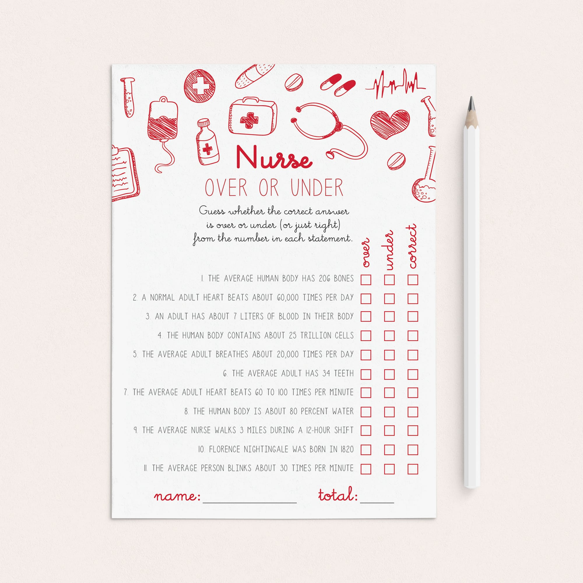 Nurse True or False Over or Under Game Printable by LittleSizzle
