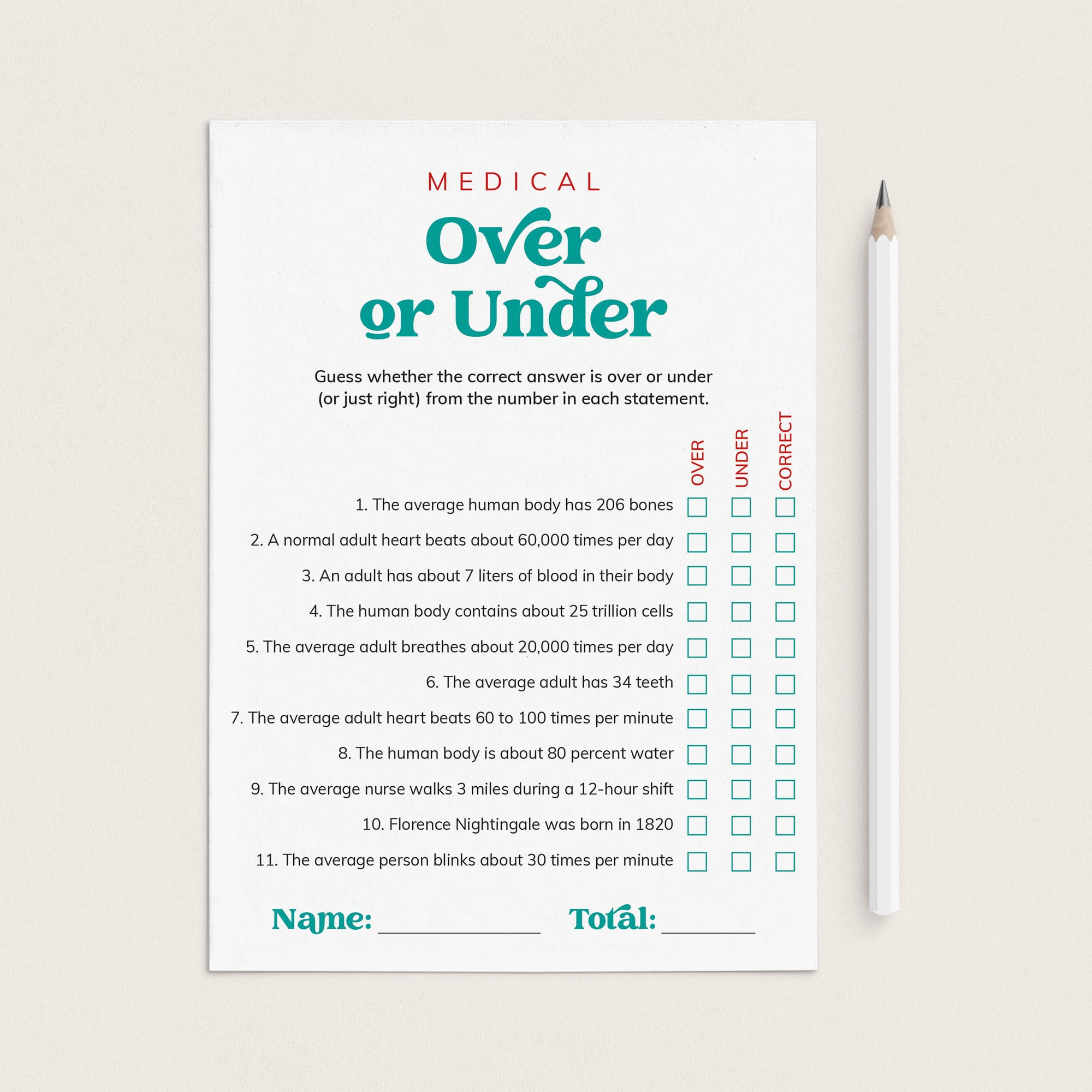 Medical Over or Under Game with Answer Key Printable by LittleSizzle
