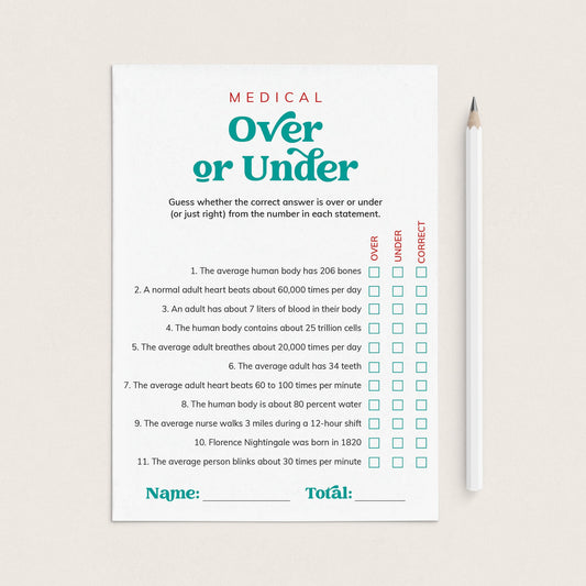 Medical Over or Under Game with Answer Key Printable by LittleSizzle