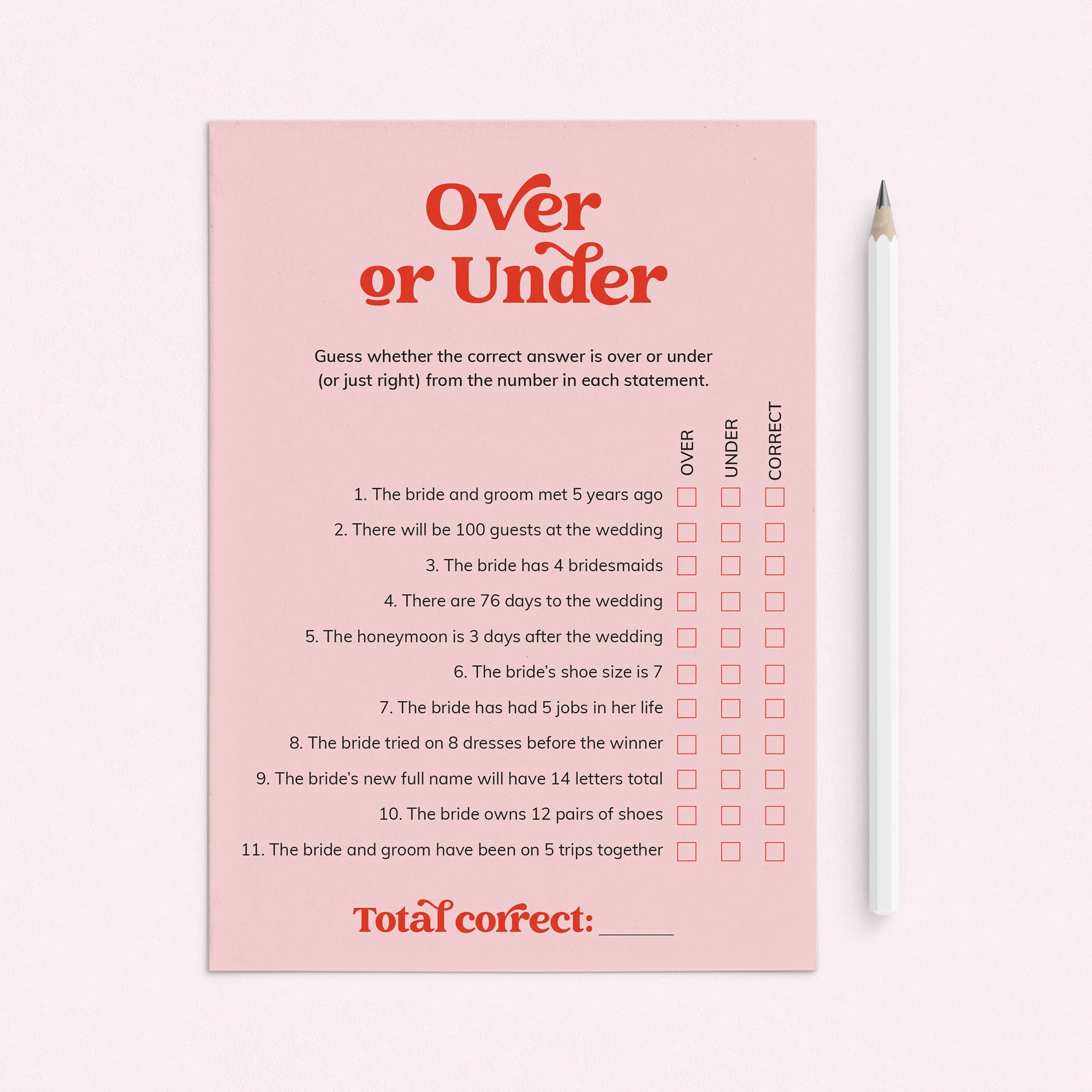 Over or Under Bridal Shower Game Printable Pink and Red by LittleSizzle