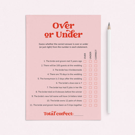 Over or Under Bridal Shower Game Printable Pink and Red by LittleSizzle