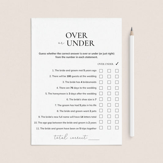 Printable Engagement Party Game Over or Under by LittleSizzle