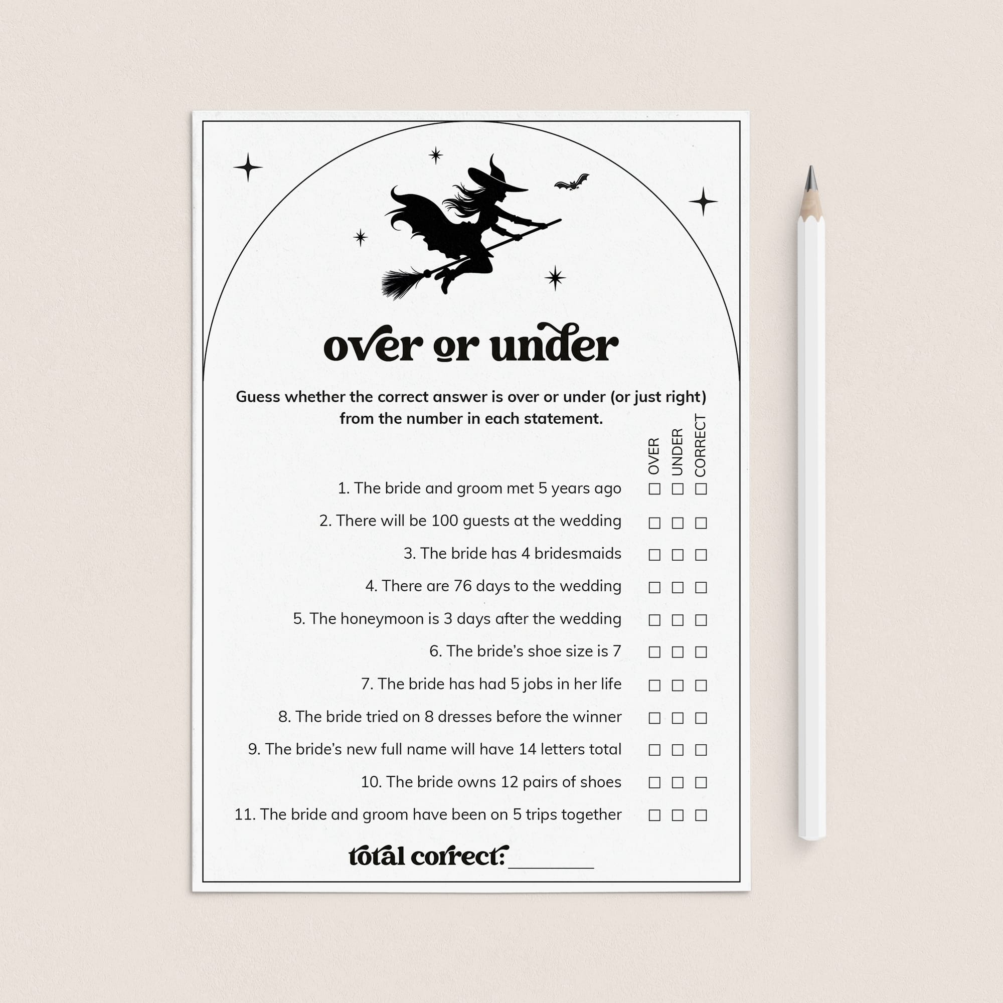Salem Witchy Bride Bridal Shower Game Over or Under Digital Download by LittleSizzle