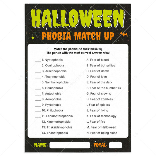 Phobia Match Up Halloween Game with Answers | Printable by LittleSizzle