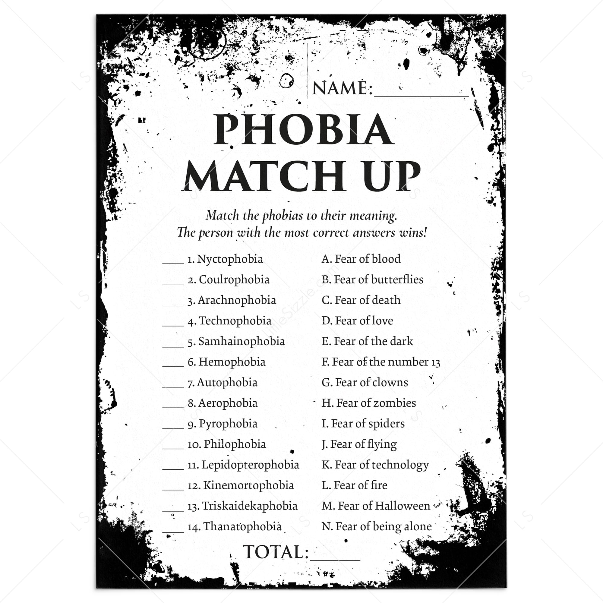 Halloween Phobias Match Game with Answers Printable by LittleSizzle
