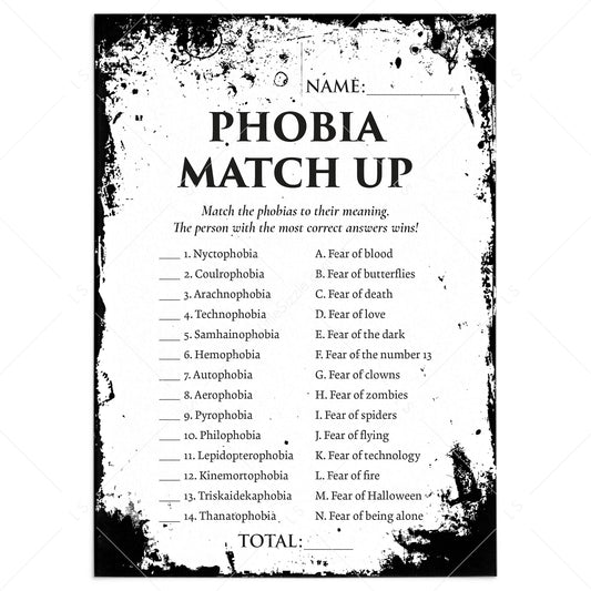 Halloween Phobias Match Game with Answers Printable by LittleSizzle