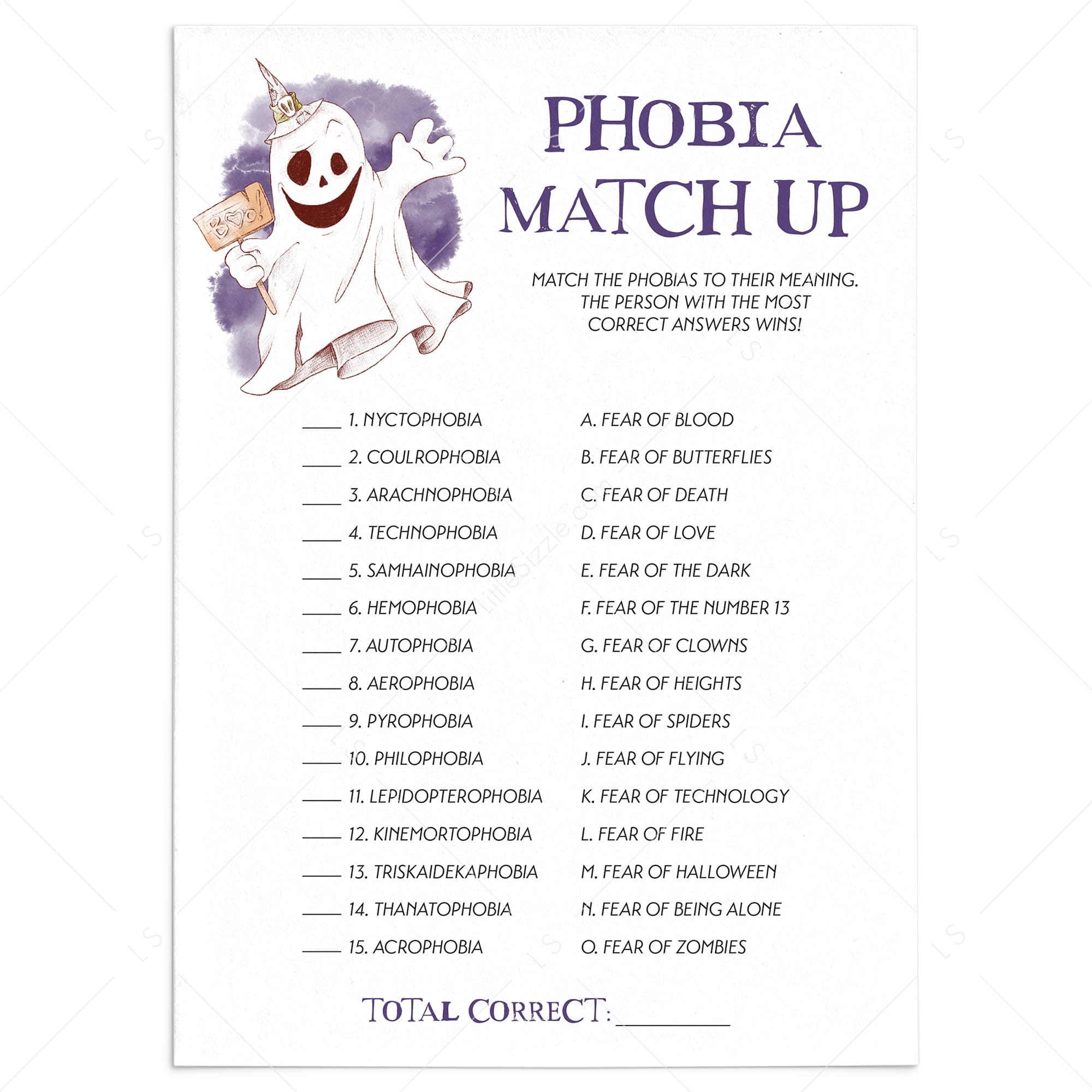 Spooky Halloween Party Quiz Phobia Match Up Printable by LittleSizzle