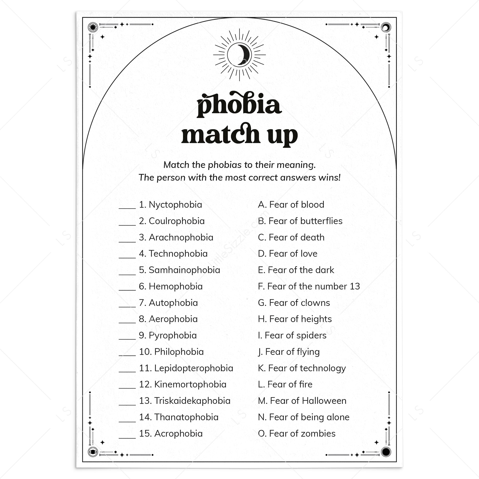 Phobia Match Up Game with Answer Key Printable by LittleSizzle
