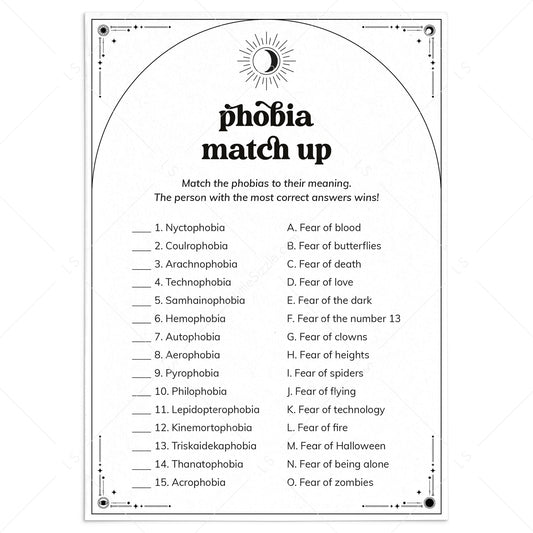 Phobia Match Up Game with Answer Key Printable by LittleSizzle