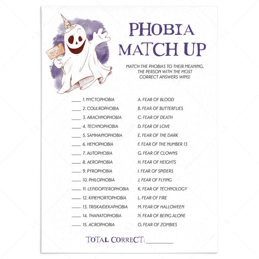 Spooky Halloween Party Quiz Phobia Match Up Printable by LittleSizzle