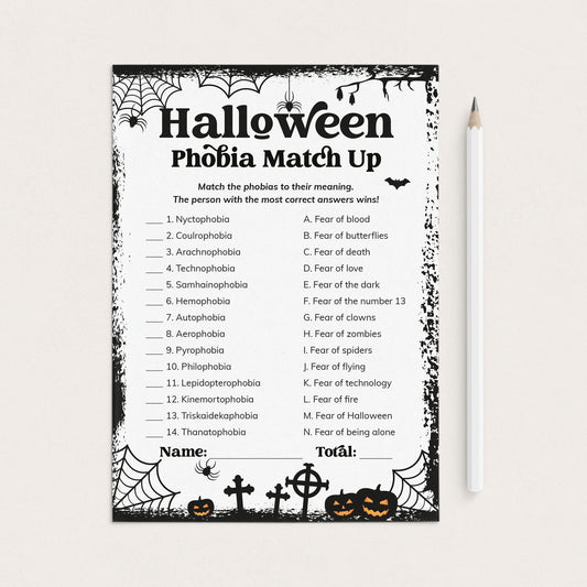 A printable Halloween-themed worksheet titled 'Halloween Phobia Match Up' with black text and spooky border graphics on a white sheet, shown on a light beige background with a white pencil beside it.