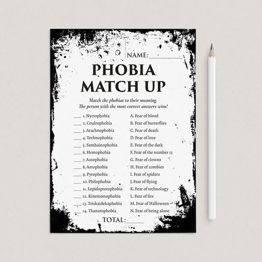 Halloween Phobias Match Game with Answers Printable by LittleSizzle