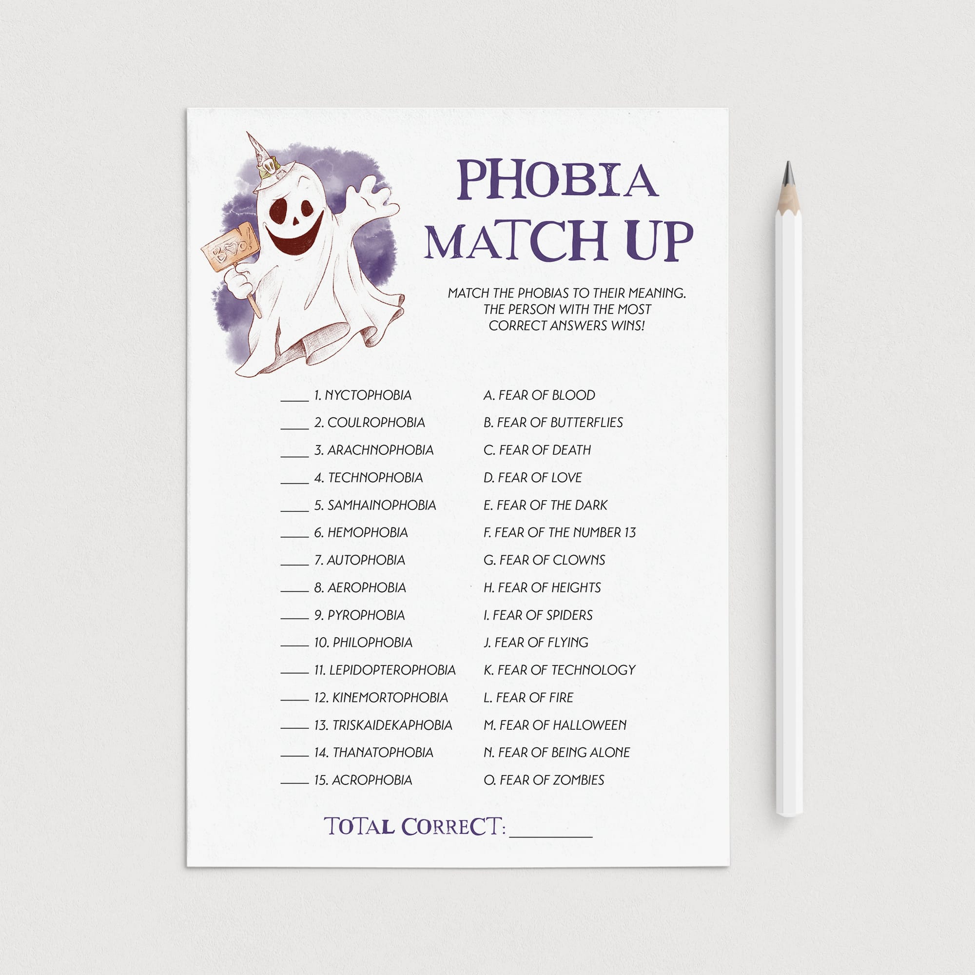 Spooky Halloween Party Quiz Phobia Match Up Printable by LittleSizzle