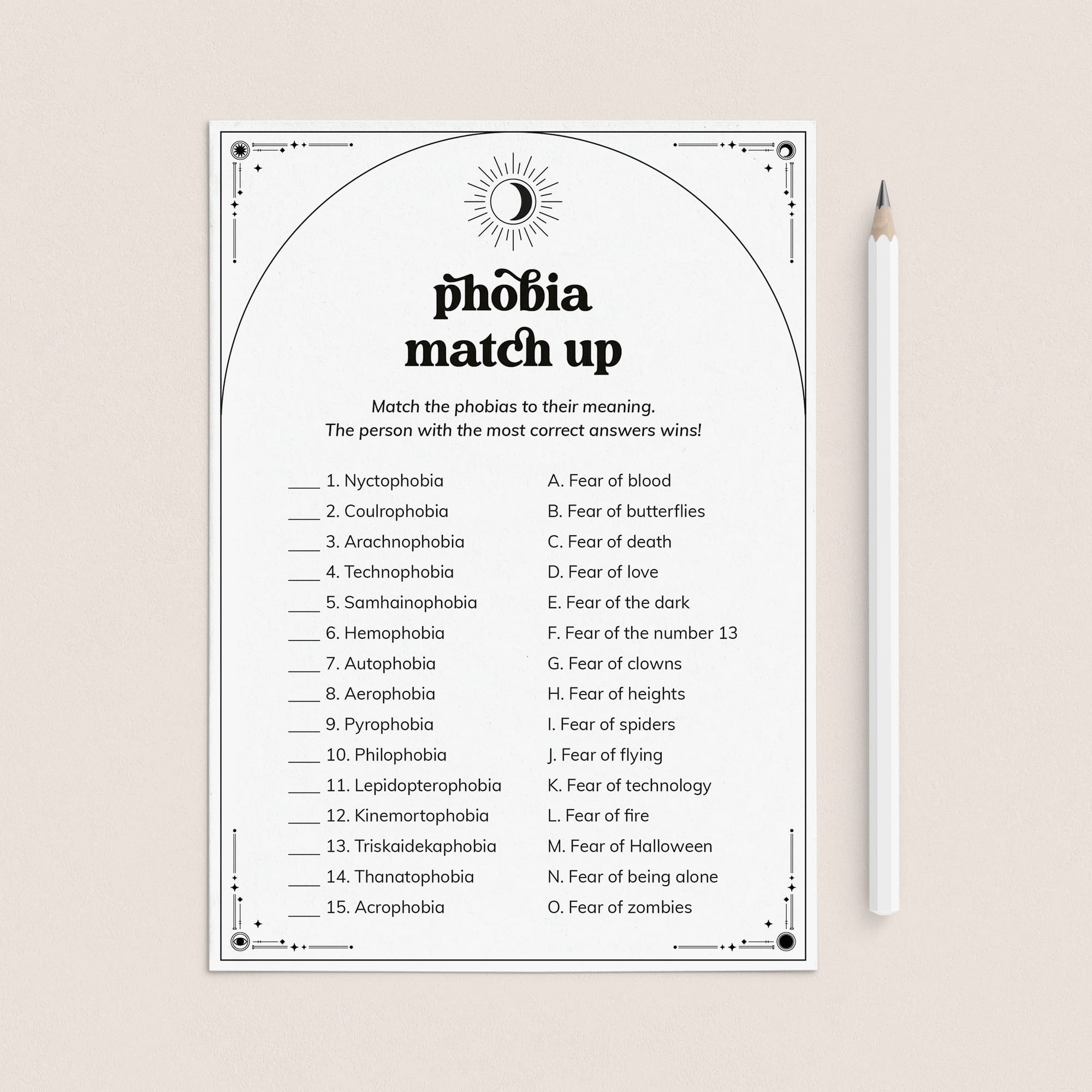 Phobia Match Up Game with Answer Key Printable by LittleSizzle