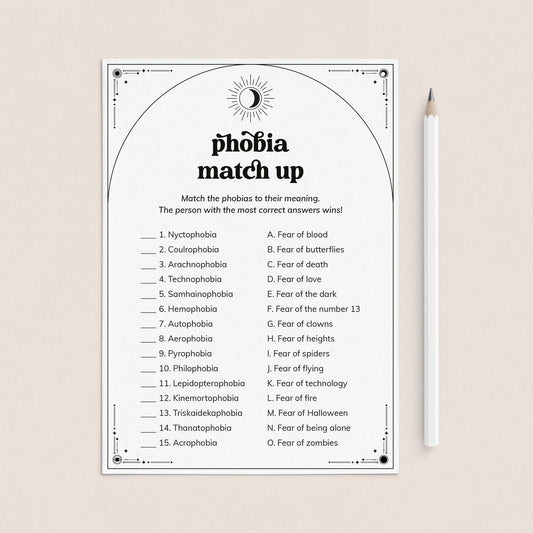 Phobia Match Up Game with Answer Key Printable by LittleSizzle