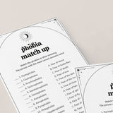 Phobia Match Up Game with Answer Key Printable