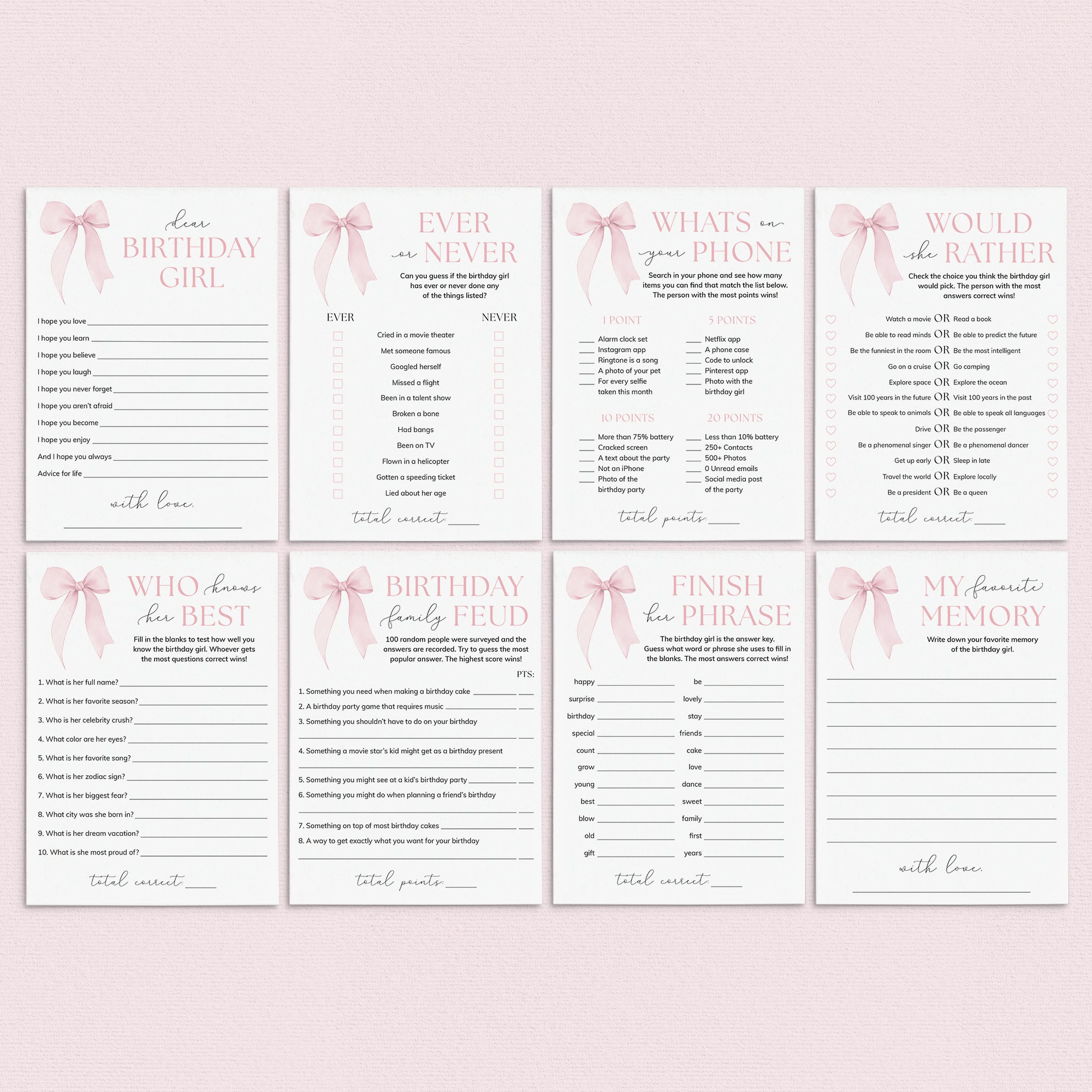 Bow Birthday Party Games Printable by LittleSizzle