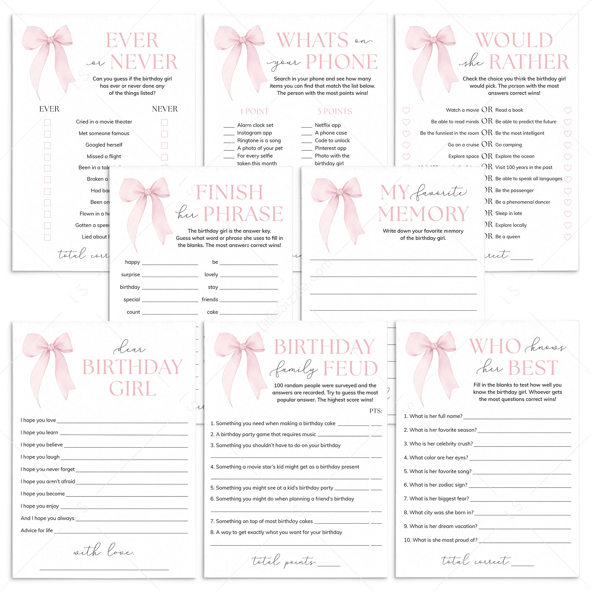 Bow Birthday Party Games Printable by LittleSizzle