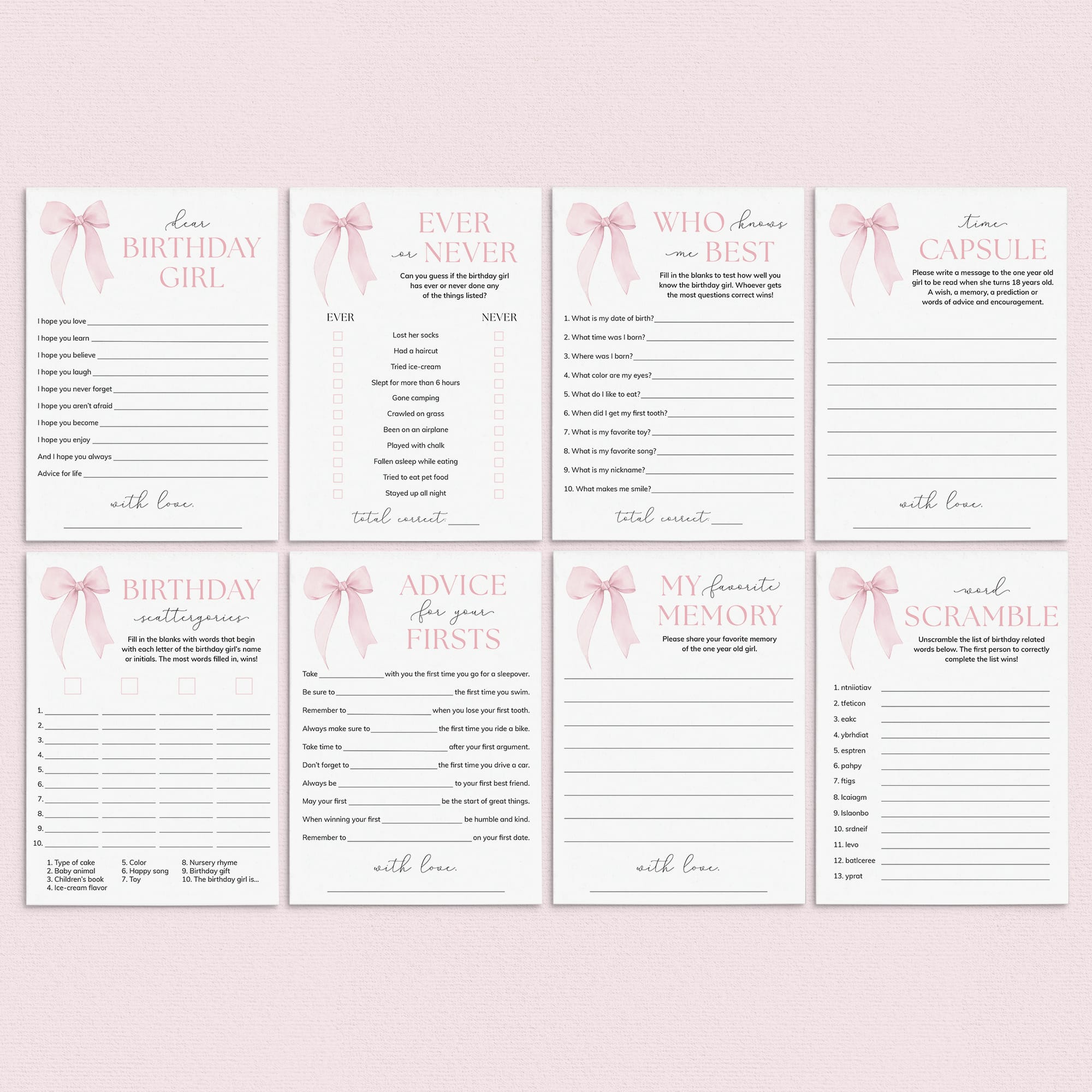 Pink Bow First Birthday Party Games Printable by LittleSizzle