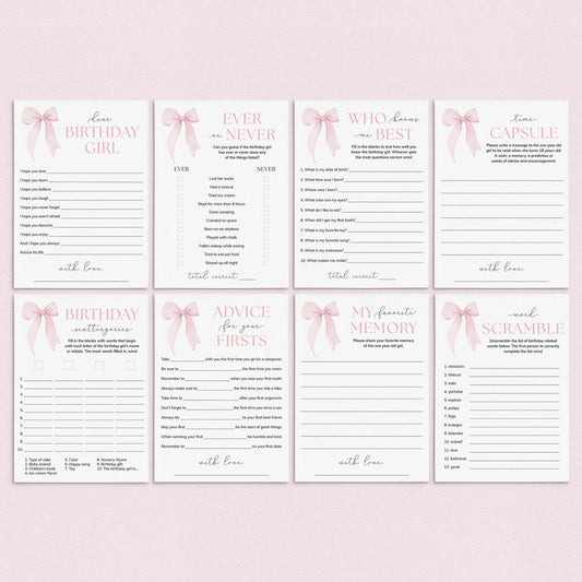 Pink Bow First Birthday Party Games Printable by LittleSizzle