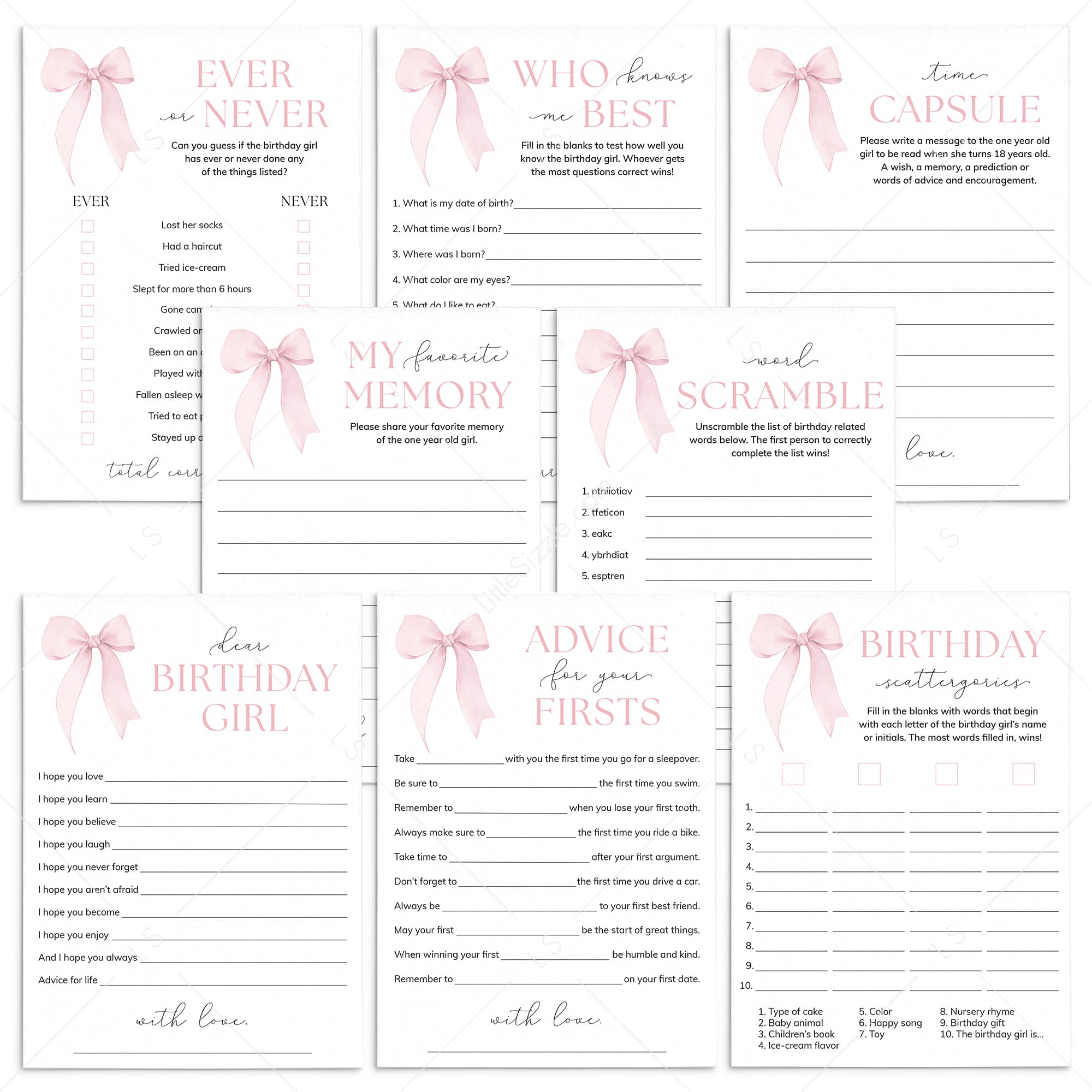 Pink Bow First Birthday Party Games Printable by LittleSizzle