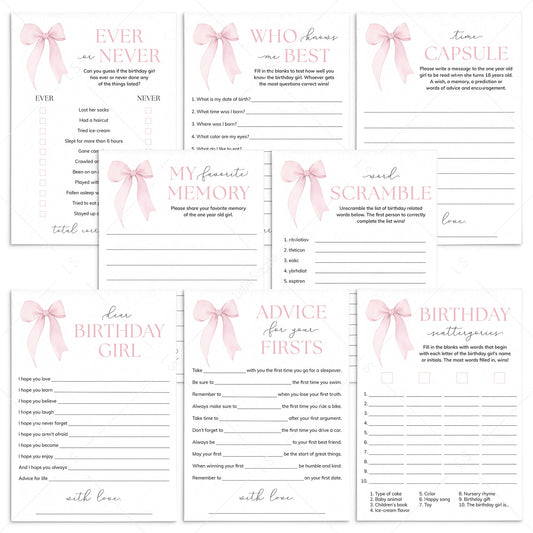 Pink Bow First Birthday Party Games Printable by LittleSizzle