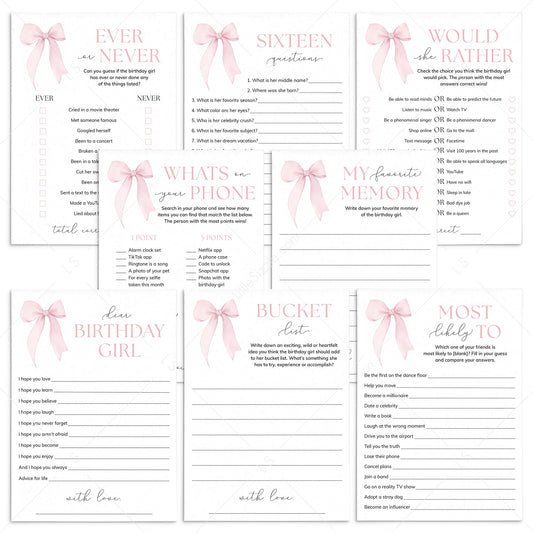 Pink Bow Sweet Sixteen Birthday Party Games Bundle Printable by LittleSizzle