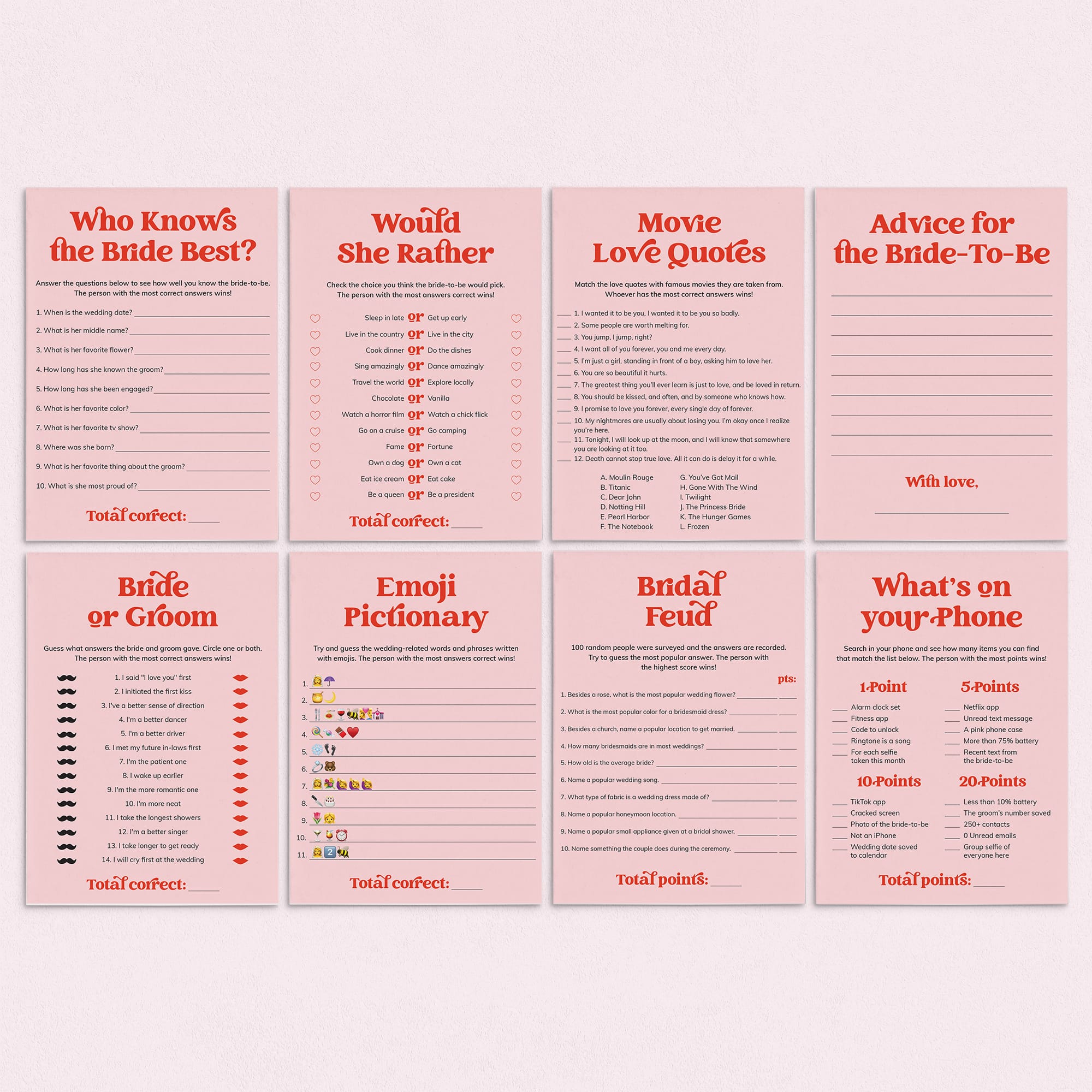 Pink Red Bridal Party Games Printable by LittleSizzle