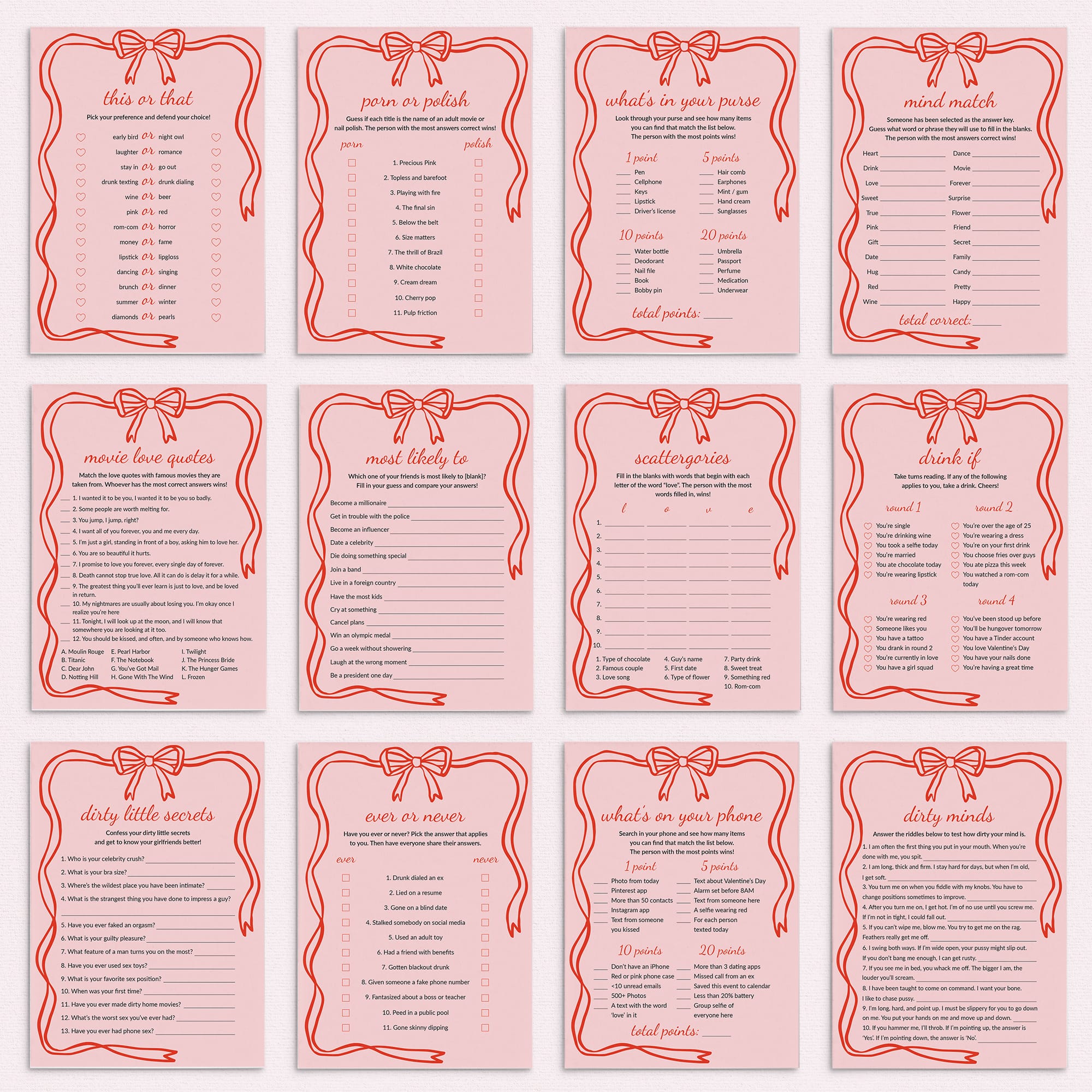 Wavy Border Galentines Day Games Printable Red and Pink by LittleSizzle
