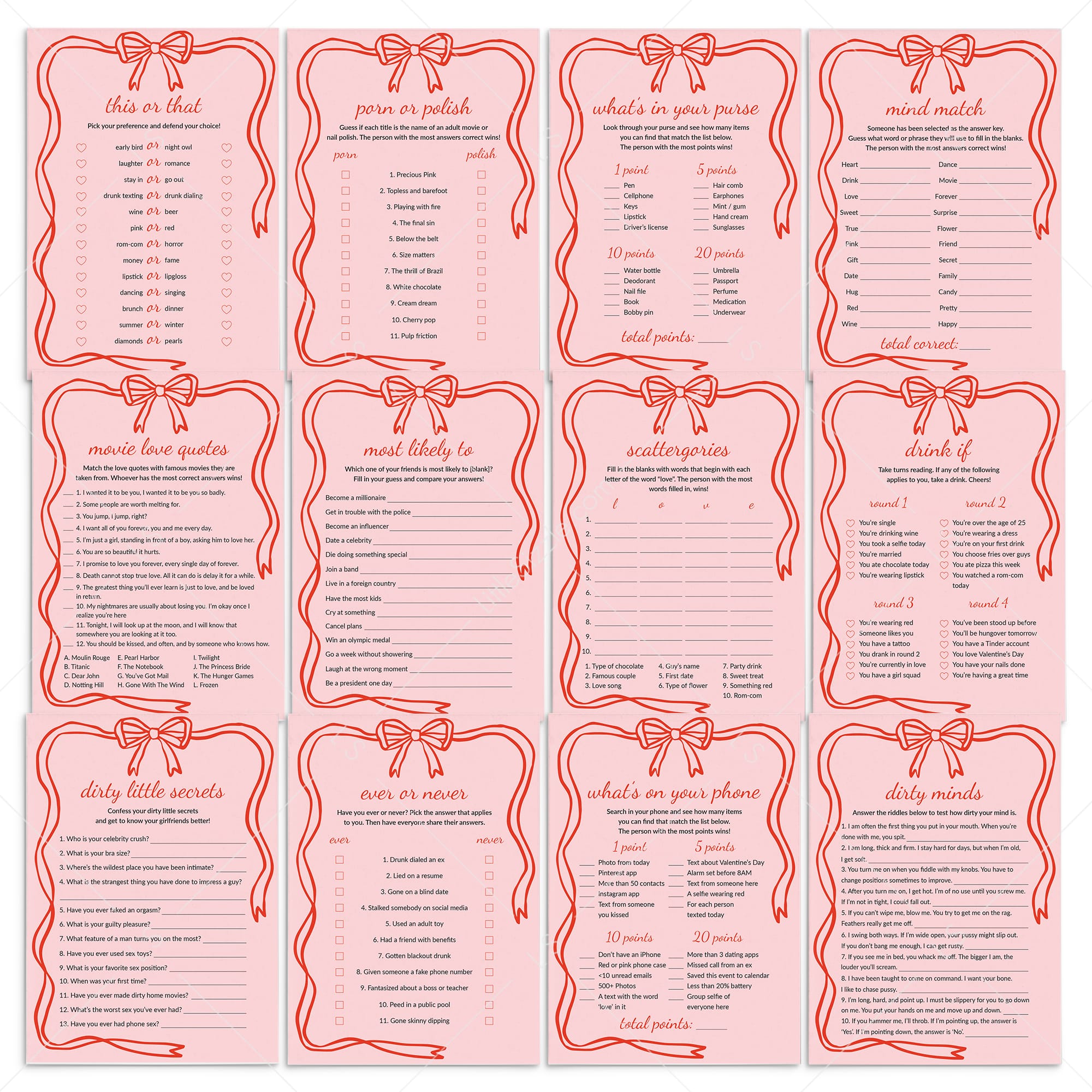 Wavy Border Galentines Day Games Printable Red and Pink by LittleSizzle