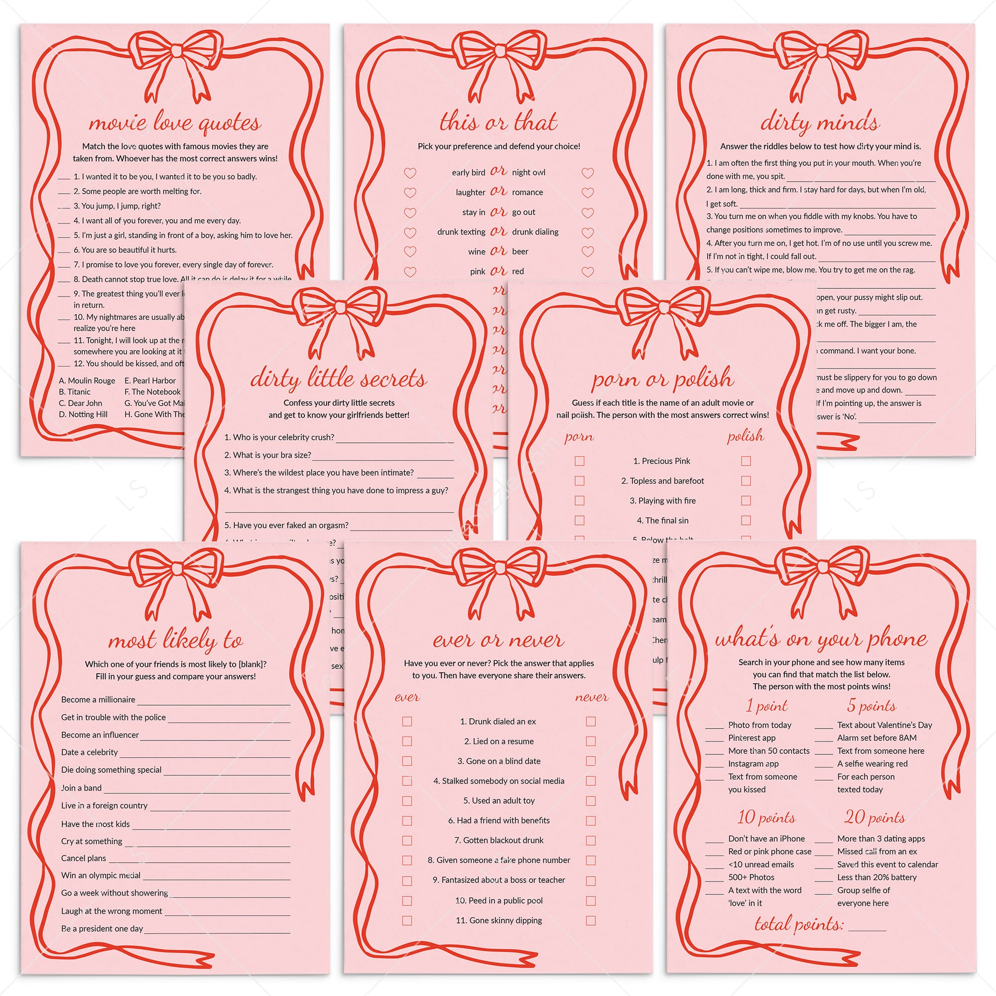 Coquette Galentine's Games with Pink and Red Bow Printable by LittleSizzle