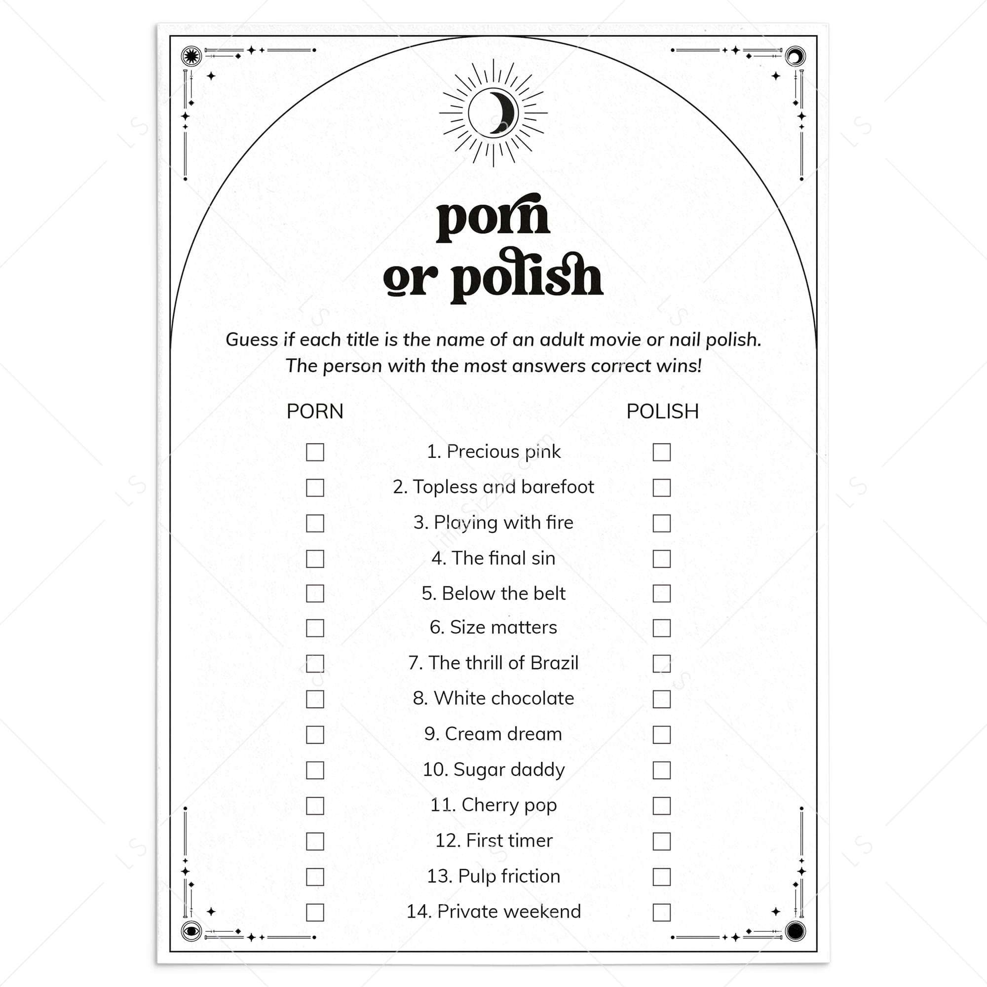 Celestial Bachelorette Game Porn or Polish with Answers Printable by LittleSizzle