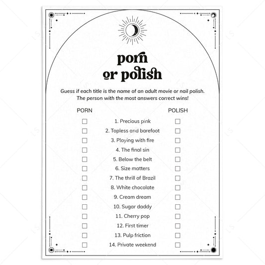 Celestial Bachelorette Game Porn or Polish with Answers Printable by LittleSizzle