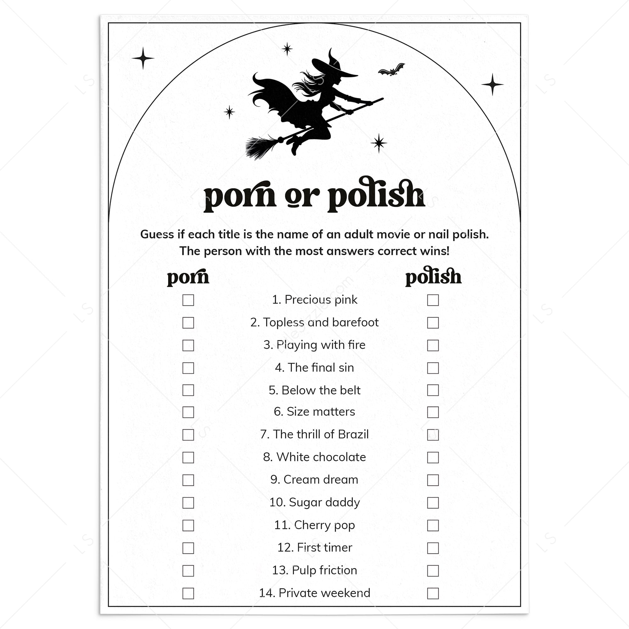 Bewitched Bachelorette Party Game Printable Porn or Polish by LittleSizzle