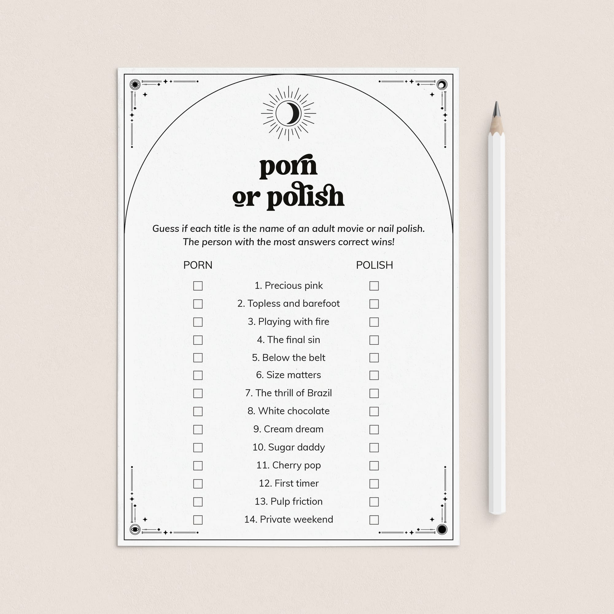 Celestial Bachelorette Game Porn or Polish with Answers Printable by LittleSizzle