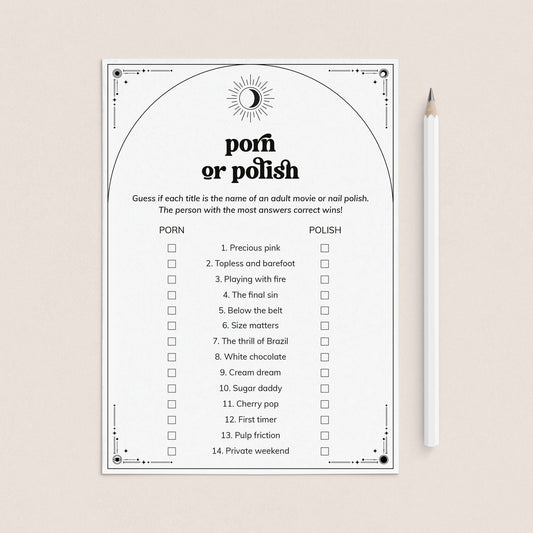 Celestial Bachelorette Game Porn or Polish with Answers Printable by LittleSizzle