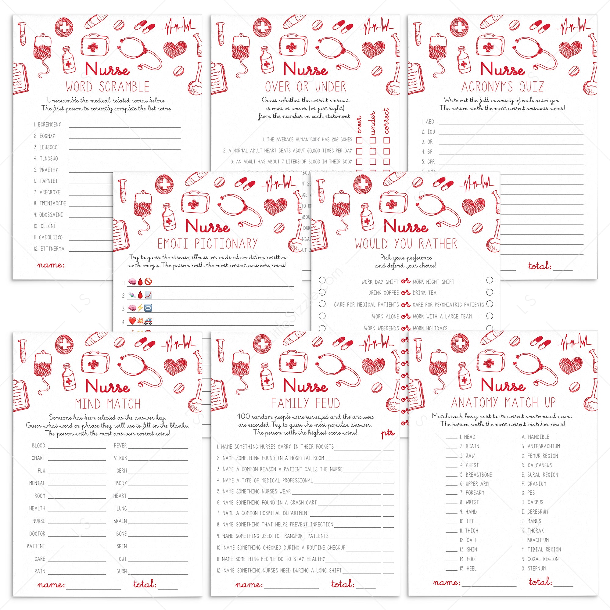 8 Printable Nurse Trivia Games by LittleSizzle