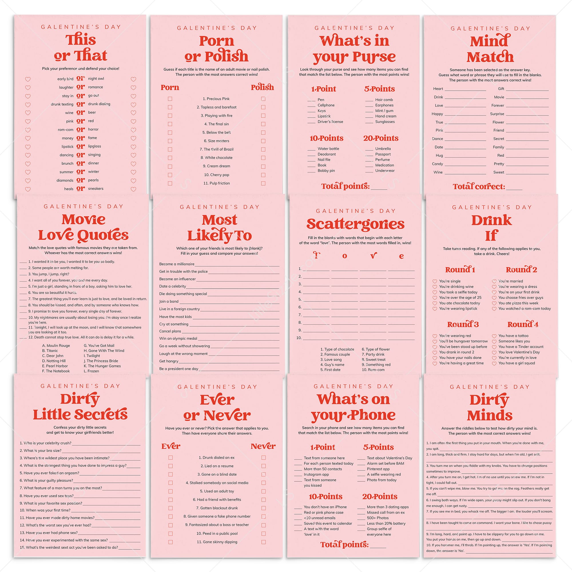 Pink and Red Galentines Day Games Printable by LittleSizzle